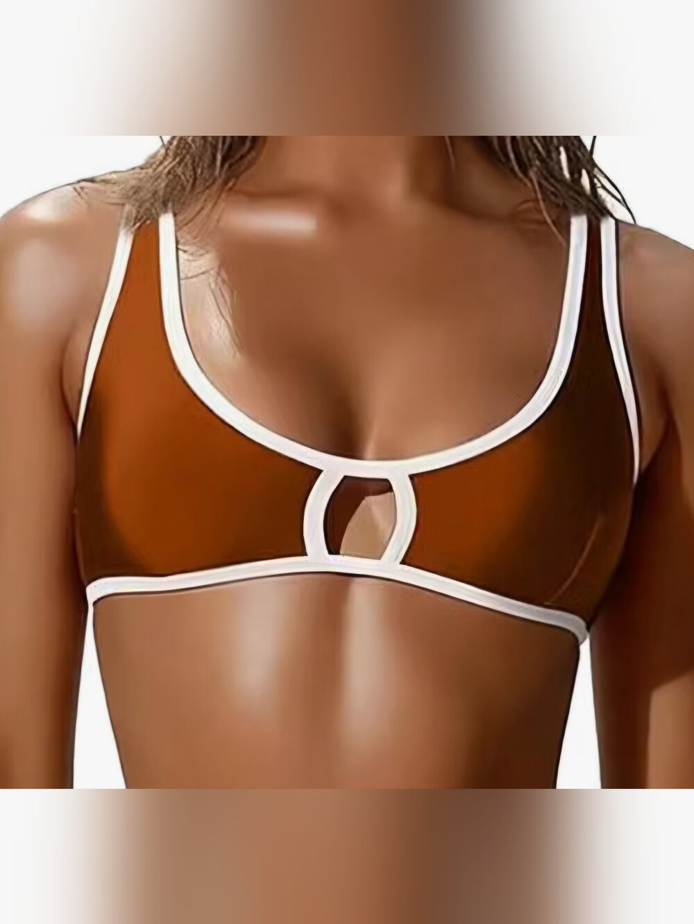 Brown Contrast-Trim Bikini Top with Cutout